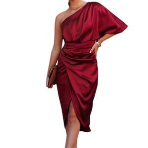 Cupshe Ramla 1-Shoulder Sheath Dress Size S Burgundy Satin Tulip Hem Pleated NWT